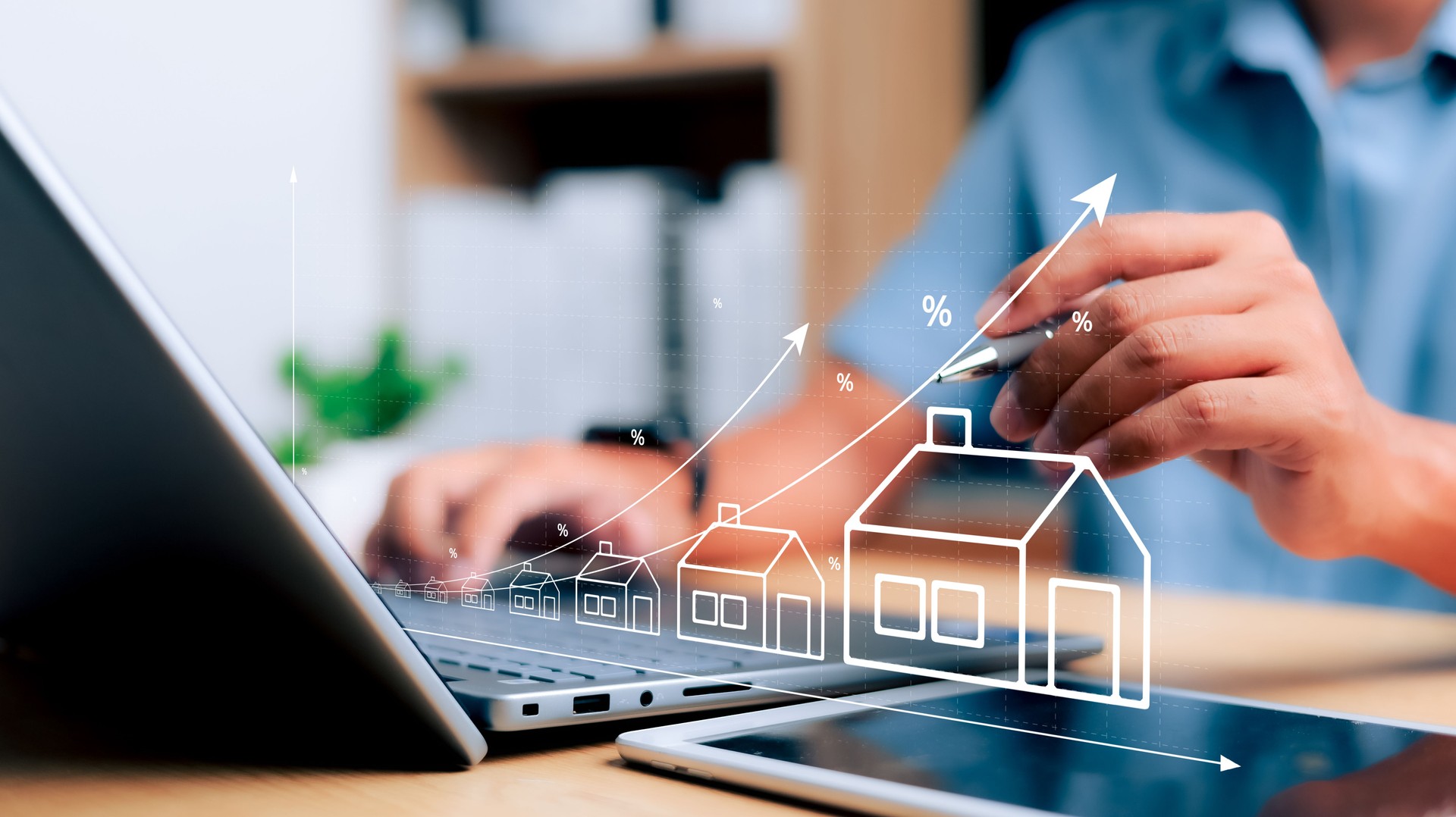 Real estate investment concept. Applying for a home loan, buying, selling,  developing the real estate market, creating stability in life, renting real estate, assessing the performance and value of the property.